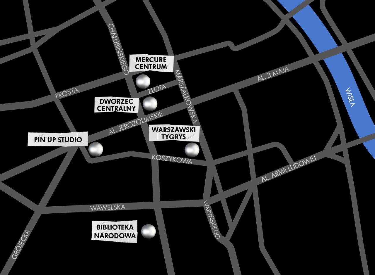 Mapa lokalizacji wydarzenia i tras transportowych w Warszawie